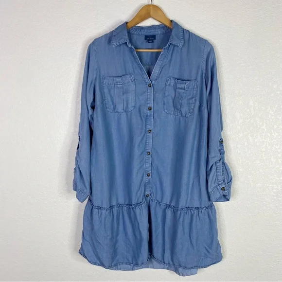 j jill denim shirt dress J Jill Denim Chambray Button Up Shirt Dress Sz-S/P Lyocell Roll Tab Long  Sleeve
